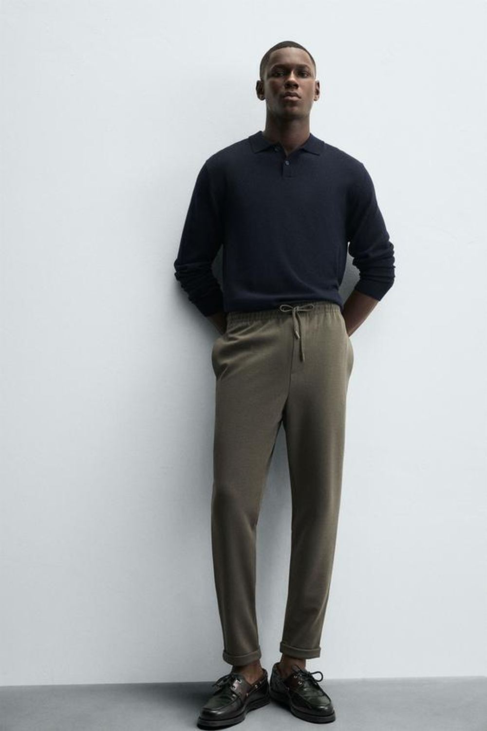 ZARA БРЮКИ EASY CARE С ПОЯСОМ НА ШНУРКЕ, ТЕМНЫЙ ХАКИ