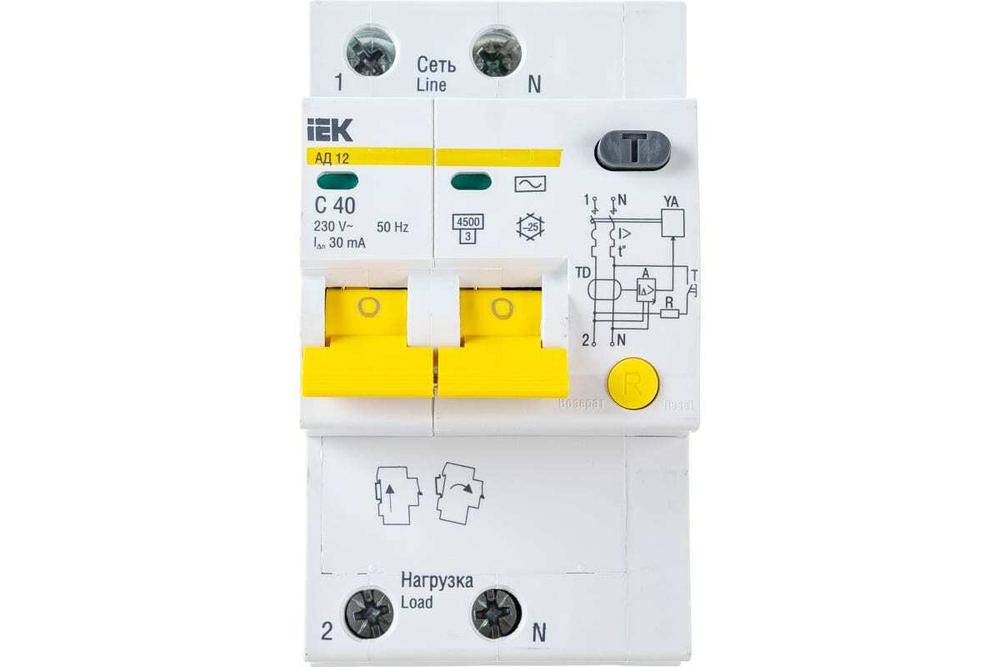 Дифференциальный автоматический выключатель АД12 2Р 40А 30мА IEK