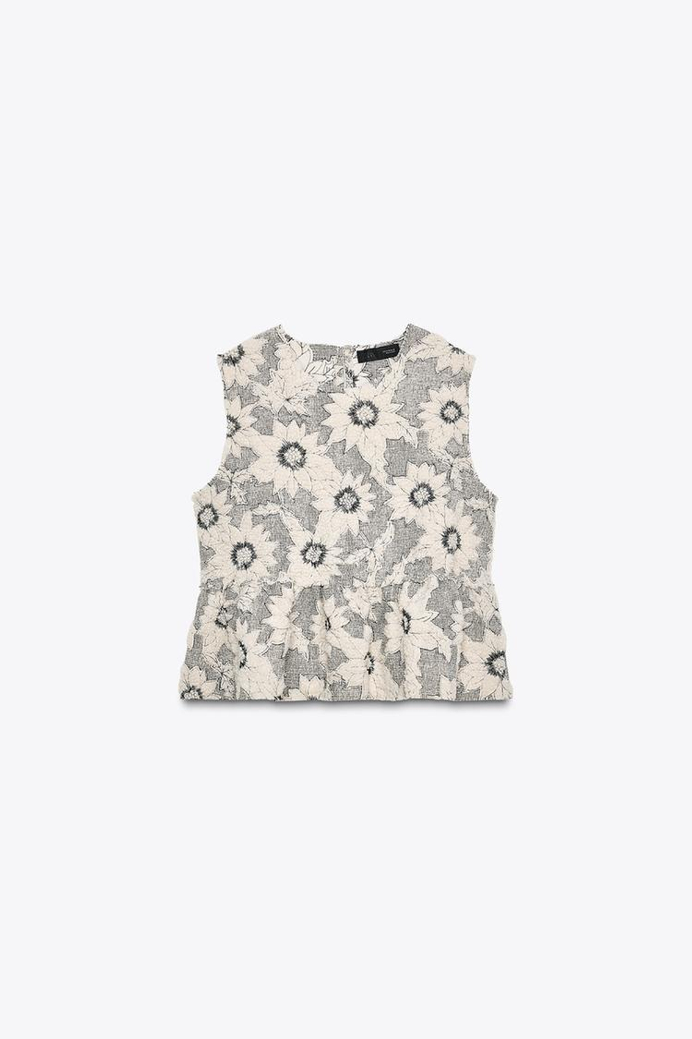 ZARA ТОП С БАСКОЙ, ТЕКСТУРНОЙ ТКАНЬЮ И ЦВЕТАМИ, ЭКРЮ/ЧЕРНЫЙ