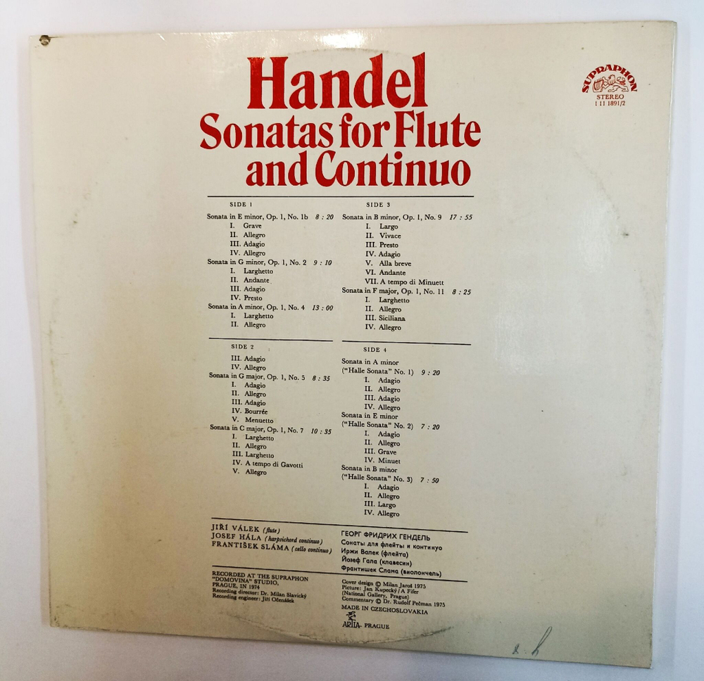 Винтажная виниловая пластинка LP Georg Friedrich Handel, Jiri Valek, Josef Hala, Frantisek Slama Handel Sonatas For Flute And Continuo 2LP (Чехословакия 1975)