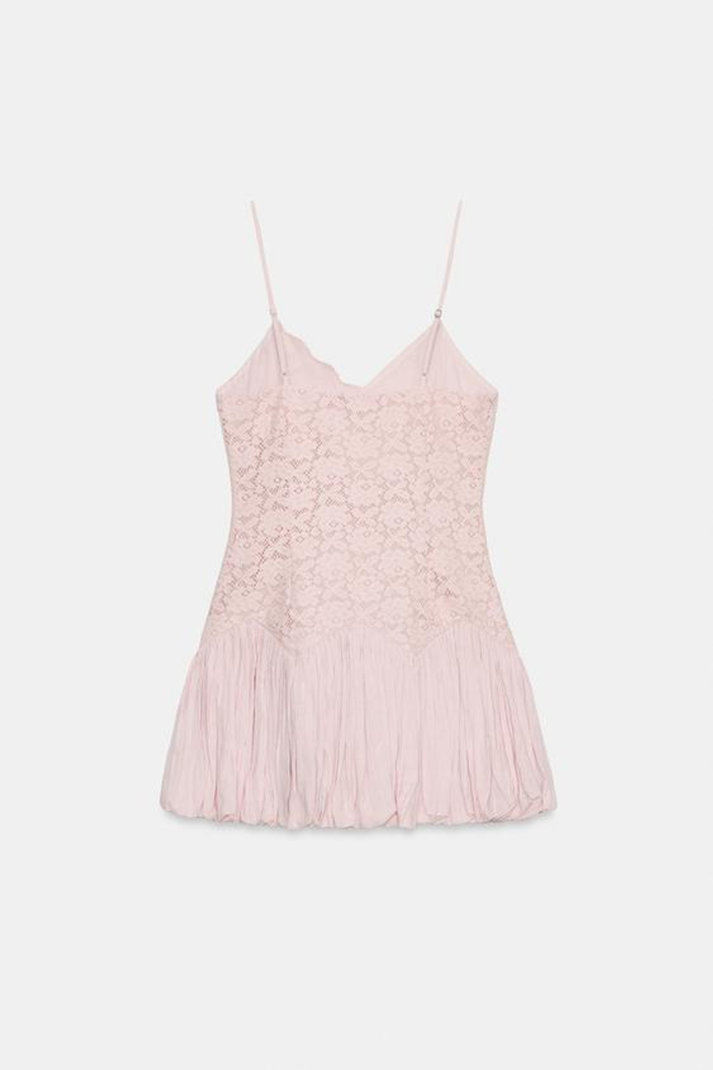 ZARA КРУЖЕВНОЕ МИНИ-ПЛАТЬЕ БАЛЛОН, СВЕТЛО-СИРЕНЕВЫЙ