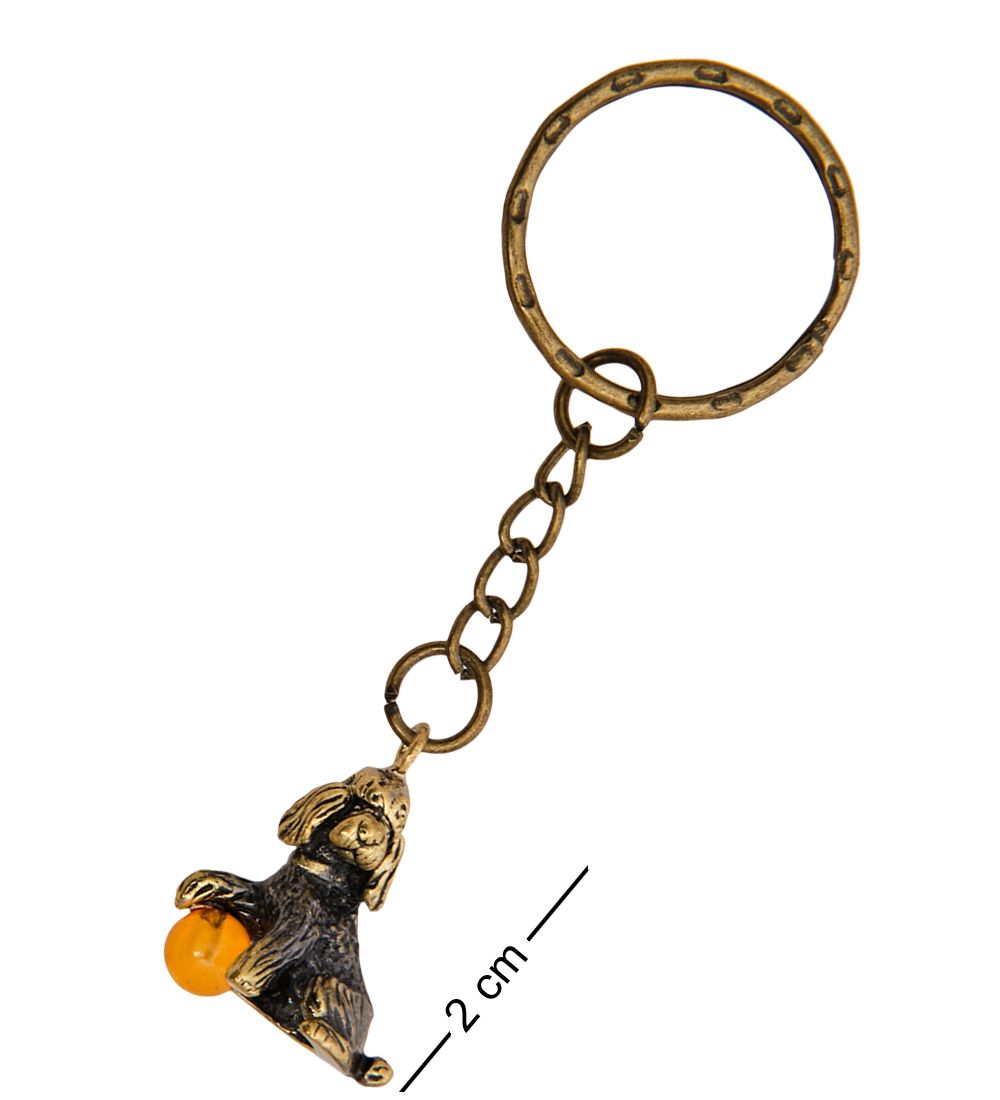 AM-2874 Брелок «Пудель с мячиком» (латунь, янтарь)