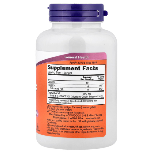 NOW Foods, каприловая кислота, 600 мг, 100 мягких таблеток
