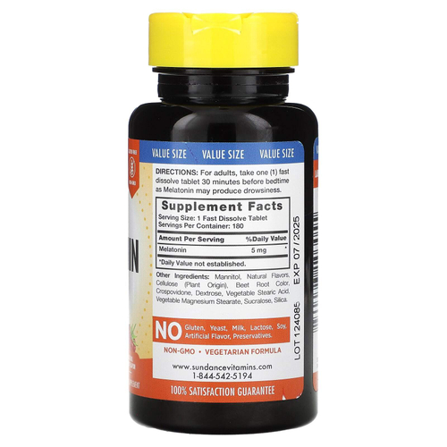 Sundance Vitamins, быстрорастворимый мелатонин, с натуральным ягодным вкусом, 5 мг, 180 быстрорастворимых таблеток