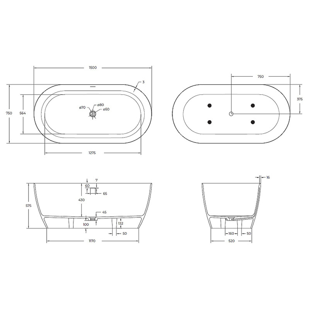Ванна из искусственного камня Cezares Relax 150x75 CZR-RELAX-150-75-57-SSB Белая матовая без гидромассажа