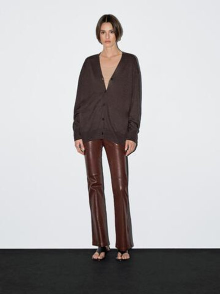 Massimo Dutti Длинный вязаный кардиган из смесовой льняной пряжи, шоколадно-коричневый