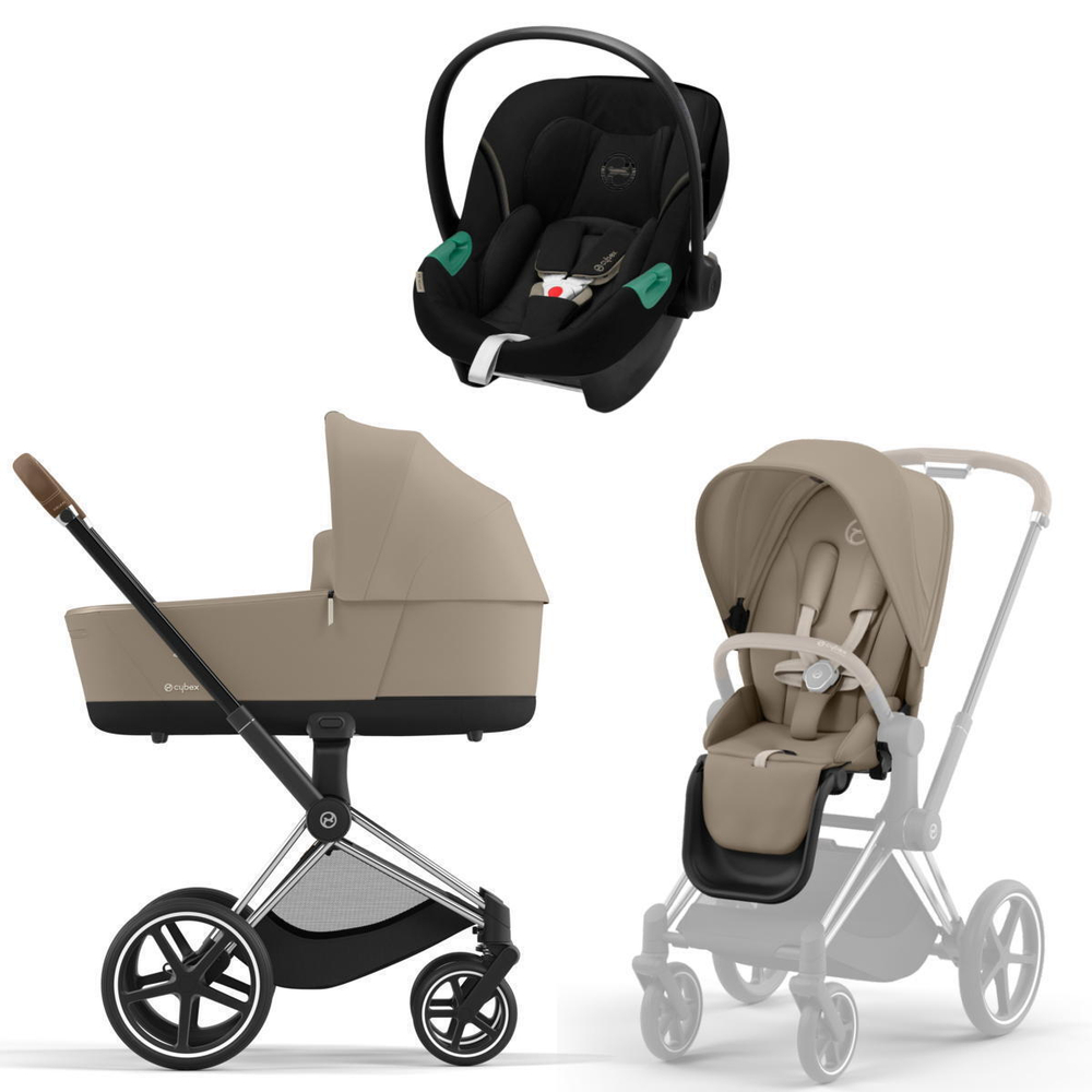 Коляска 3 в 1 Cybex Priam IV Chrome Brown complete и автокресло Aton S2 i-Size Moon Black Cozy Beige