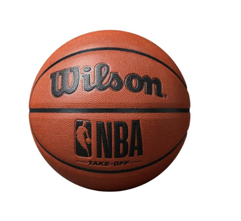 Баскетбольный мяч Wilson NBA Take-Off размера 7 с логотипом NBA и надписью Wilson, классический дизайн.