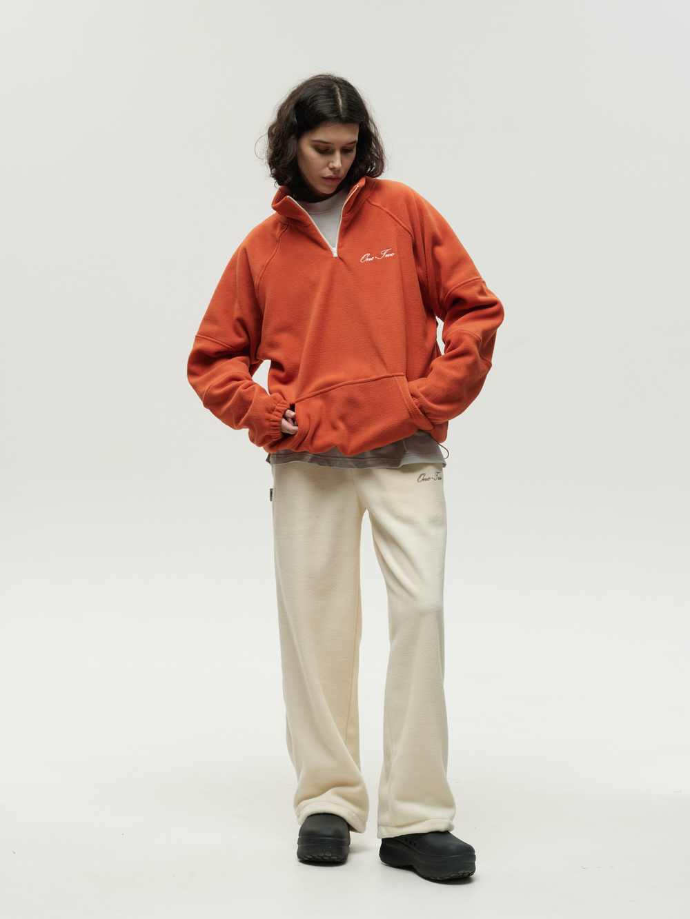 Drawstring Half-Zipped Sweatshirt Orange