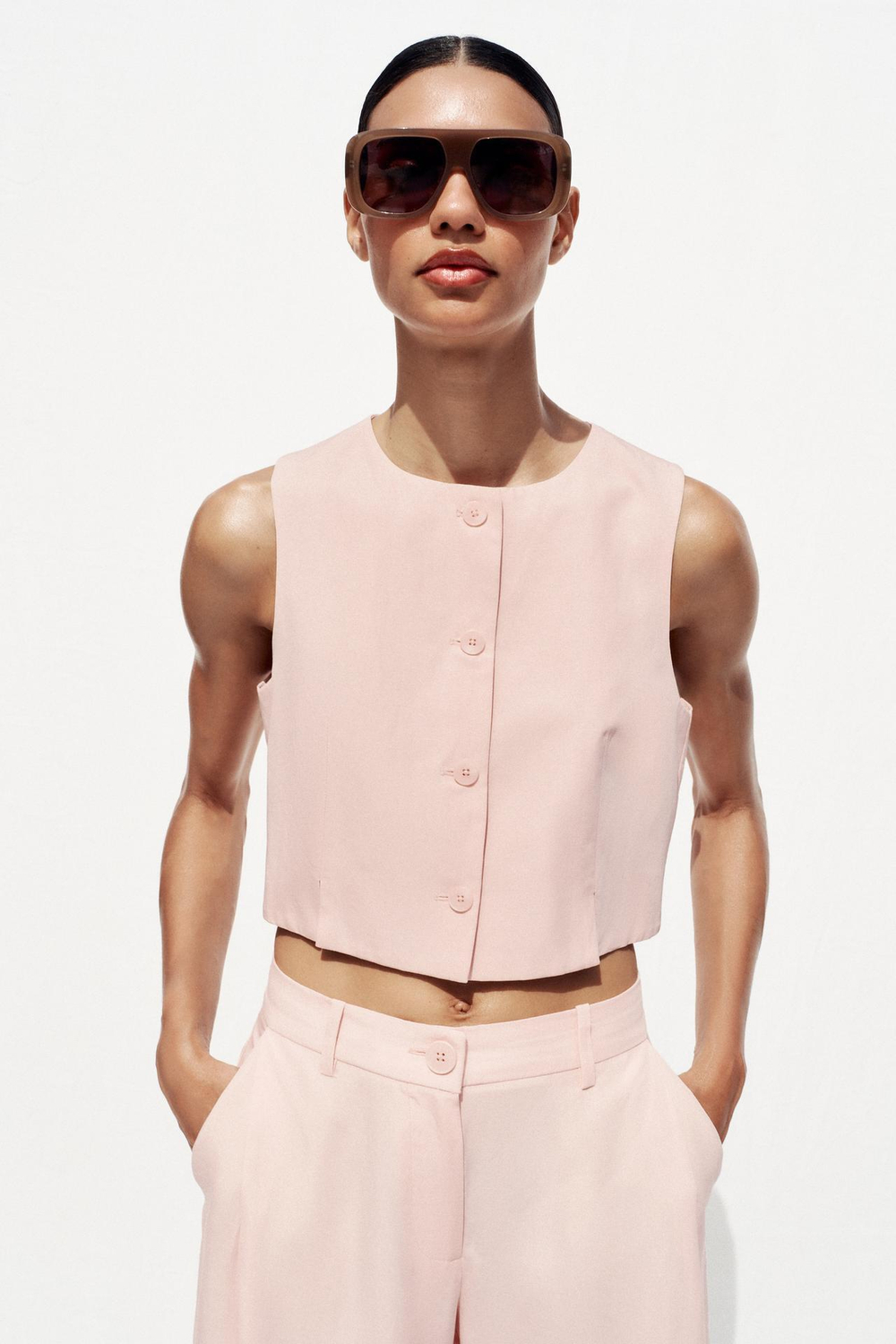 ZARA КОРОТКИЙ ЖИЛЕТ С РАЗРЕЗАМИ, РОЗОВЫЙ