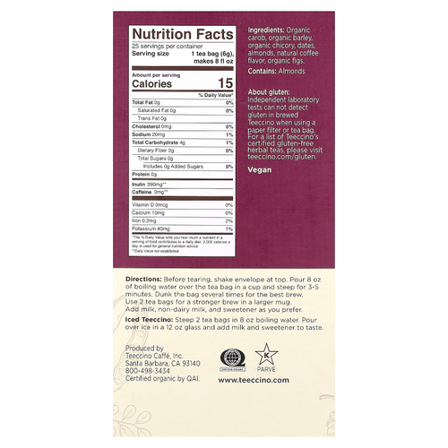 Teeccino, Жареный травяной чай, Java, без кофеина, 25 чайных пакетиков, 150 г (5,3 унции)