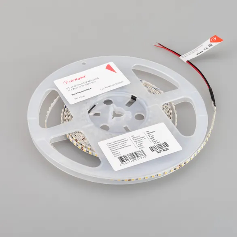 Светодиодная лента RT-A160-5mm 24V White6000 (9.6 W/m, IP20, 2835, 5m) (Arlight, Открытый) 037802