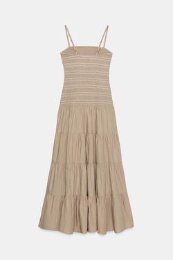 ZARA ПЛАТЬЕ МИДИ С ВЫШИВКОЙ И ЭФФЕКТОМ ЖАТКИ, ТЕМНО-БЕЖЕВЫЙ