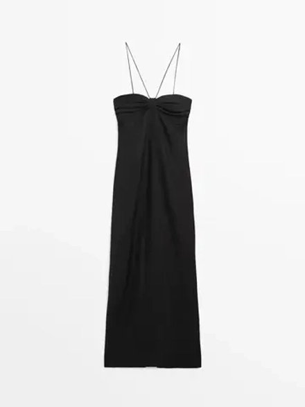 Massimo Dutti Льняное платье с вырезом - Studio, черный