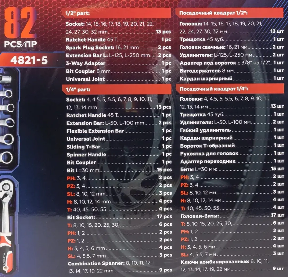 Набор инструментов 82пр.1/4'',1/2''(6гр.)(4-32мм) YATAFORCE YF-4821-5