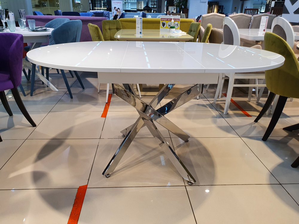 Стол обеденный, кухонный раздвижной KENNER R1100 хром/стекло белое глянец