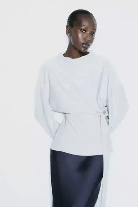 ZARA ТОП С ДРАПИРОВКОЙ И ПОЯСОМ, ЦВЕТ ЛЬДА