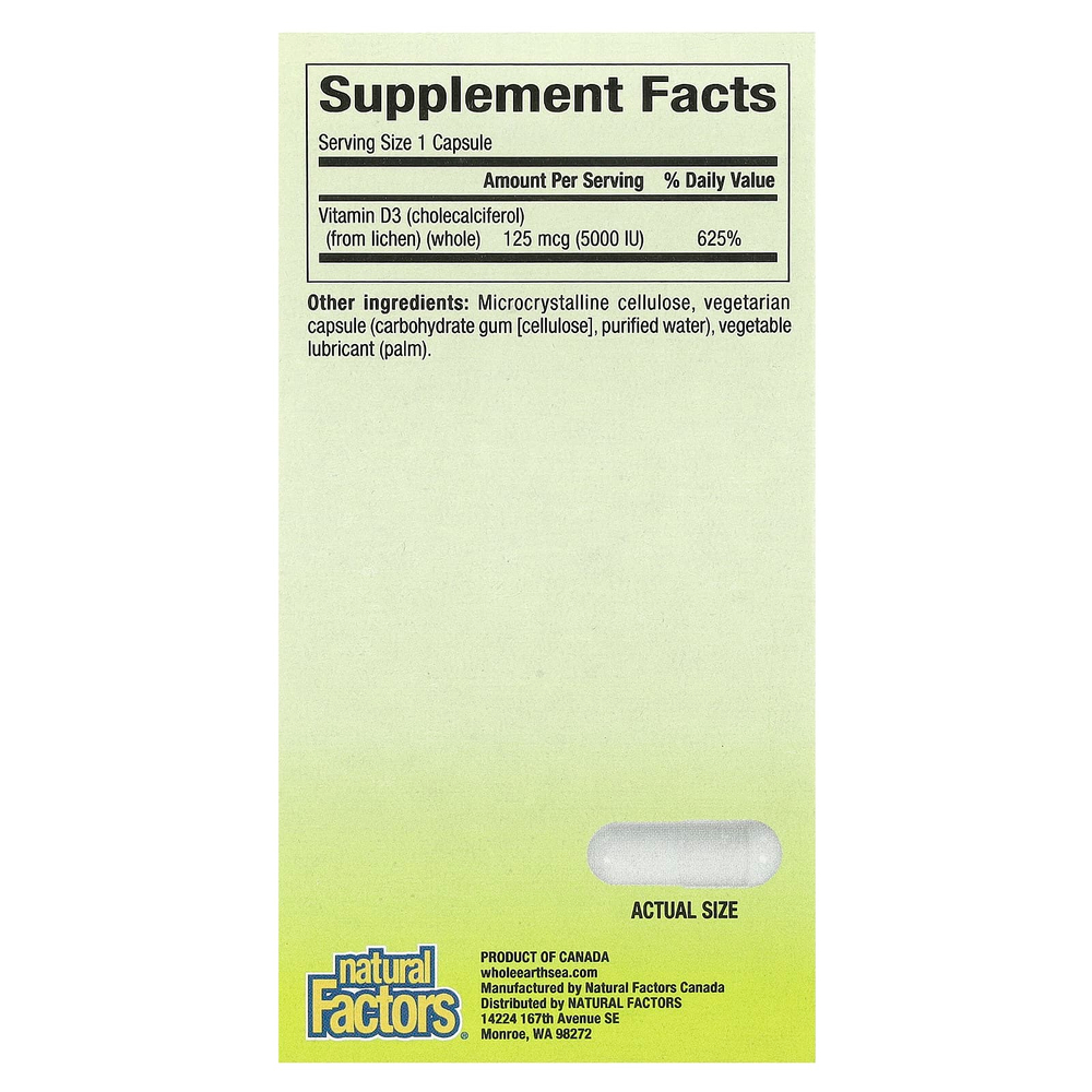 Natural Factors, Whole Earth & Sea, Веганский биоусиленный витамин D3, 5000 МЕ, 60 вегетарианских капсул