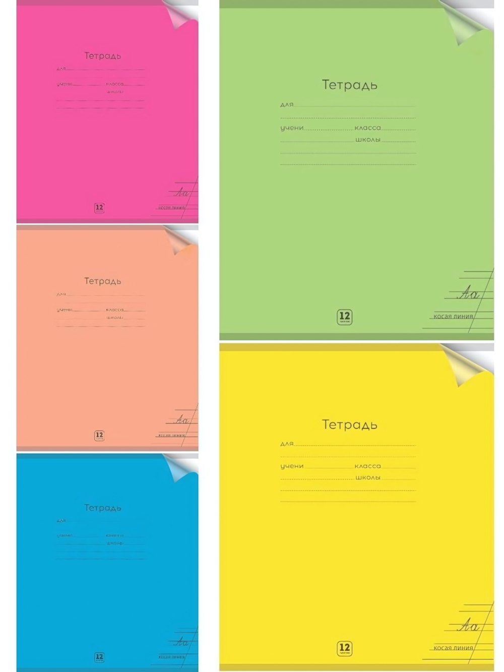 Тетрадь А5 12л. косая линия Неон, цветн.пласт.обложка (12-1352) ассорти 5 цветов (Проф-Пресс)