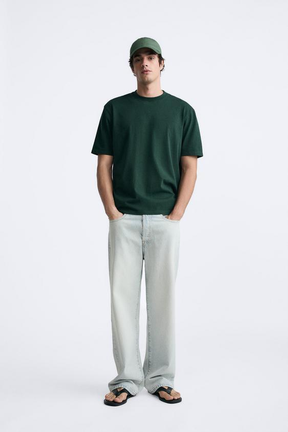 ZARA ФУТБОЛКА MEDIUM WEIGHT, ТЕМНО-ЗЕЛЕНЫЙ