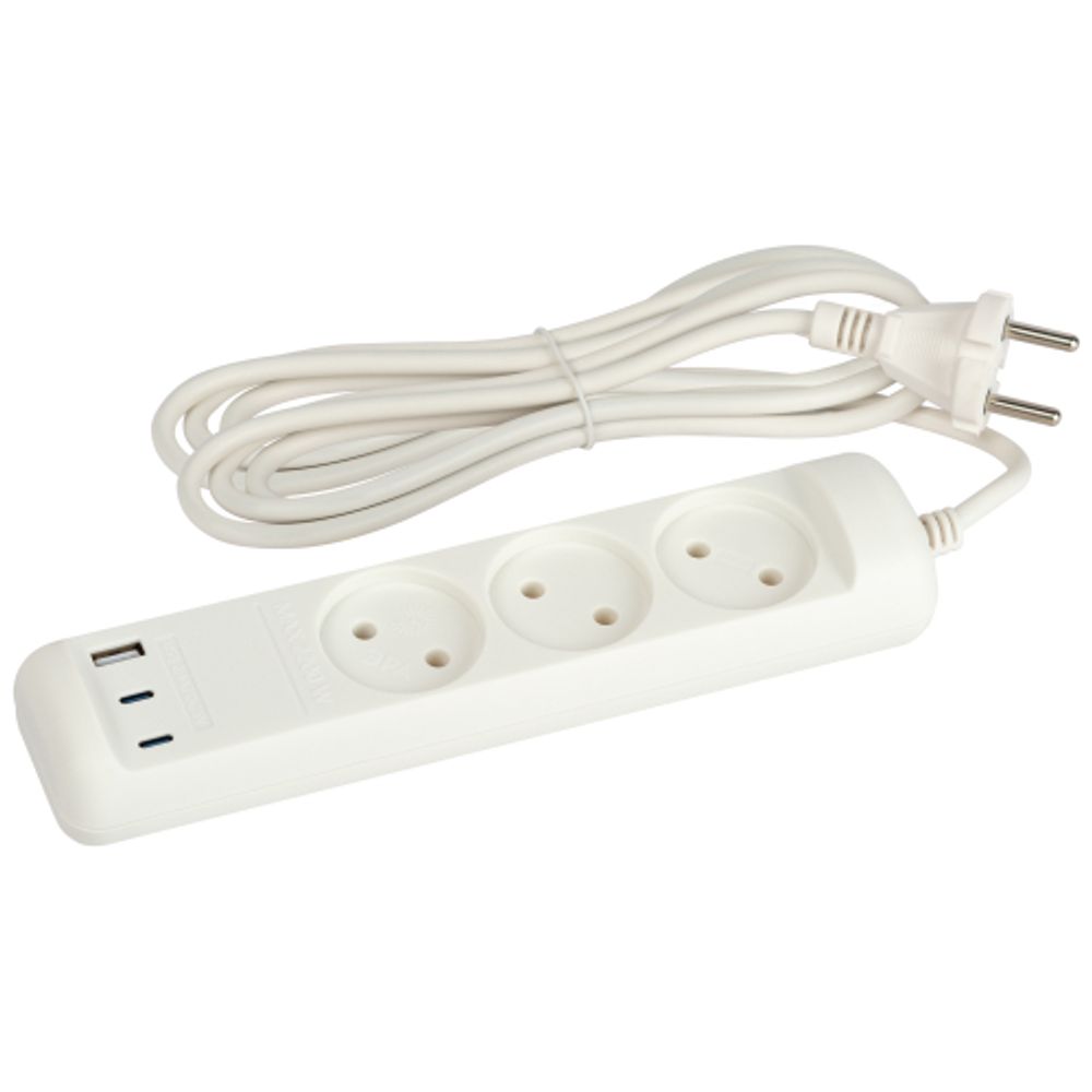 Удлинитель электрический ЭРА U-3-3m-USB-W 3 розетки + 3xUSB A+C 3м 10А белый | Бытовые удлинители