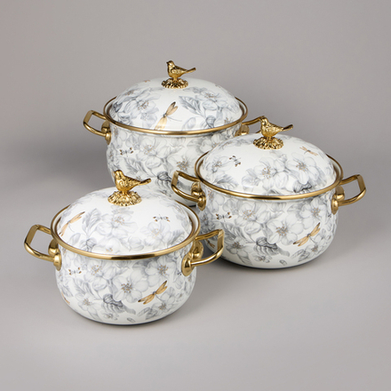 НАБОР КАСТРЮЛЬ AGNESS ЭМАЛИРОВАННЫХ СЕРИЯ "ЯБЛОНЕВЫЙ САД", 6ПР. 2,1Л, 2,8Л И 3,8Л