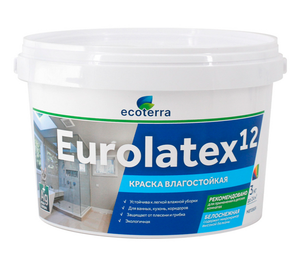 Краска ВД-АК 2180 влагостойкая 3 кг Eurolatex Белоснежная Ecoterra