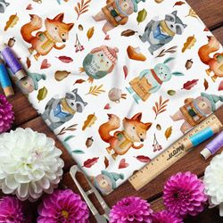 Ткань футер 2-х нитка тепло одетые осенью животные в лесу