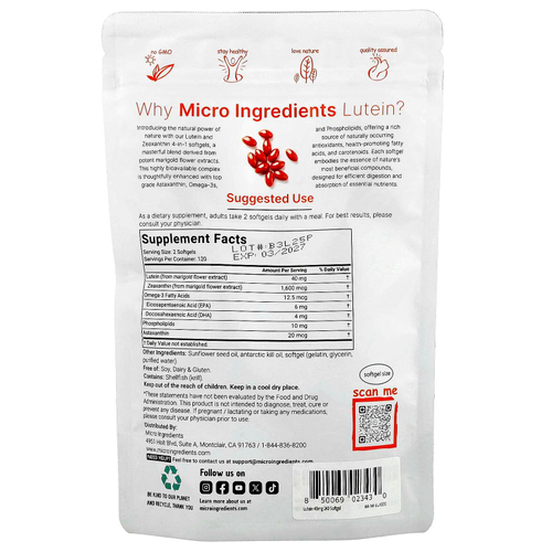 Micro Ingredients, лютеин с зеаксантином, 240 капсул