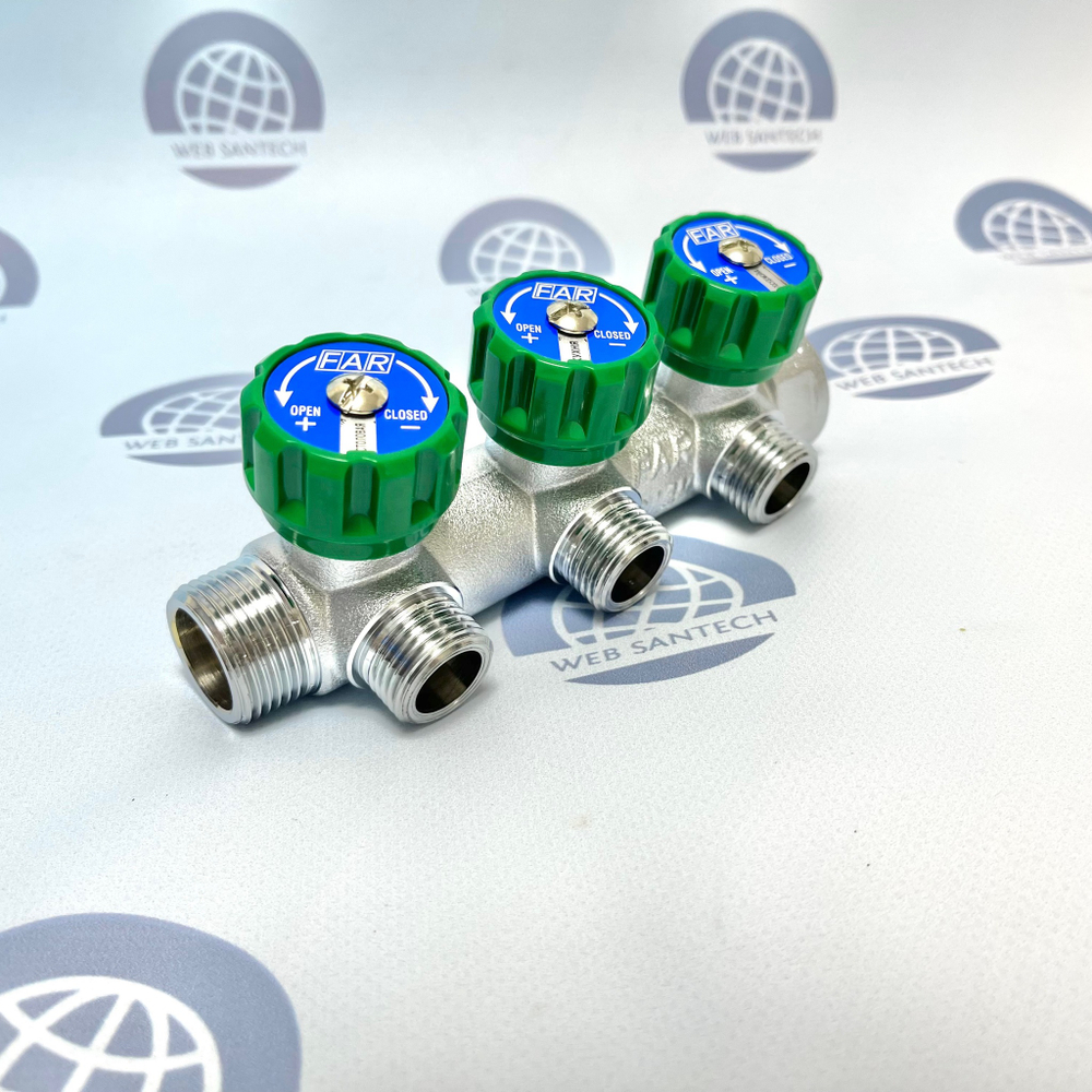 Коллектор FAR 3/4" на три отвода 1/2" под плоское уплотнение