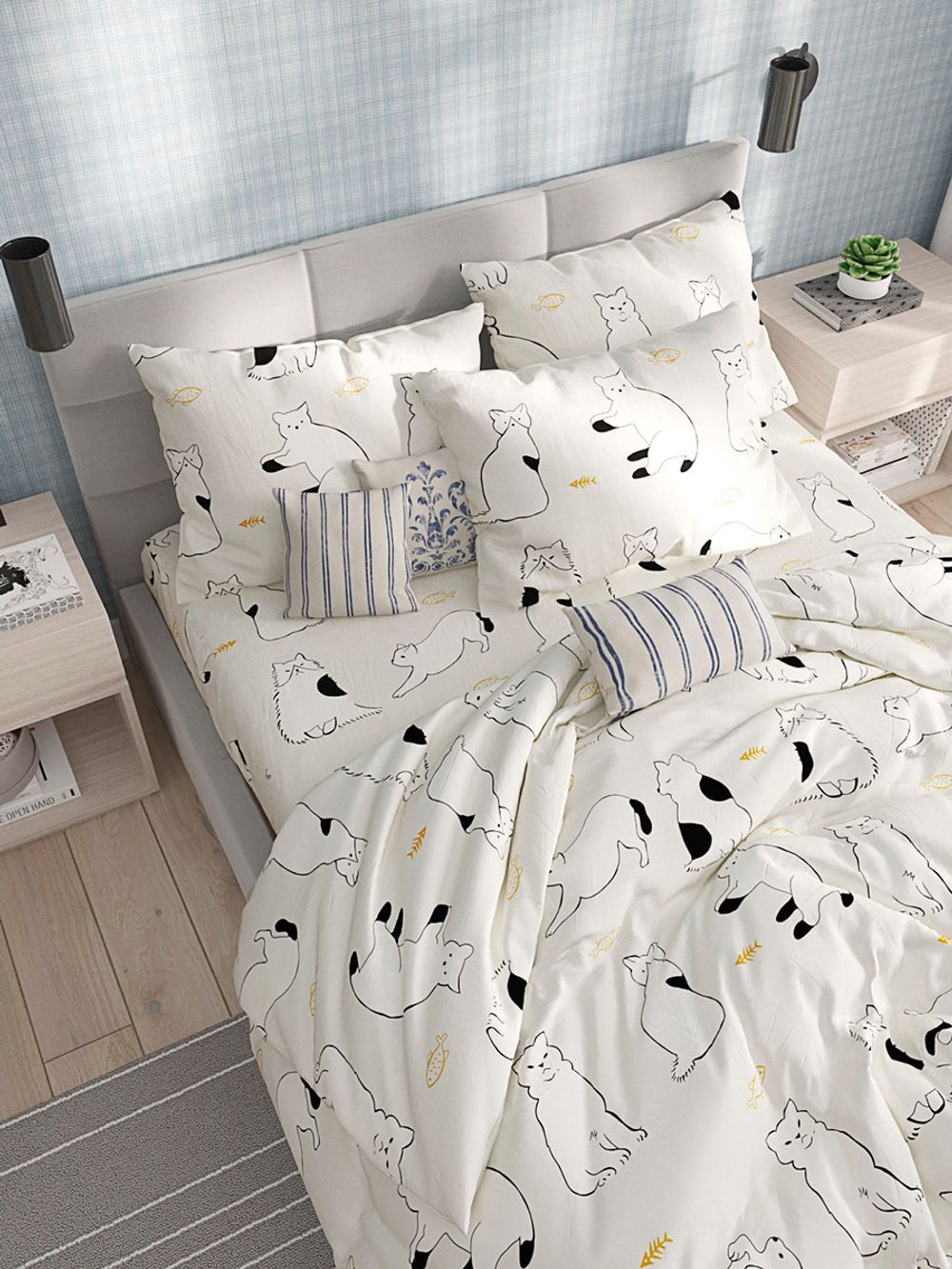 Постельное белье Сказка "Котики на сером" 2-спальный Наволочка 70х70 см 2 шт Простынь 240х215 см Пододеяльник 175х215 см, перкаль