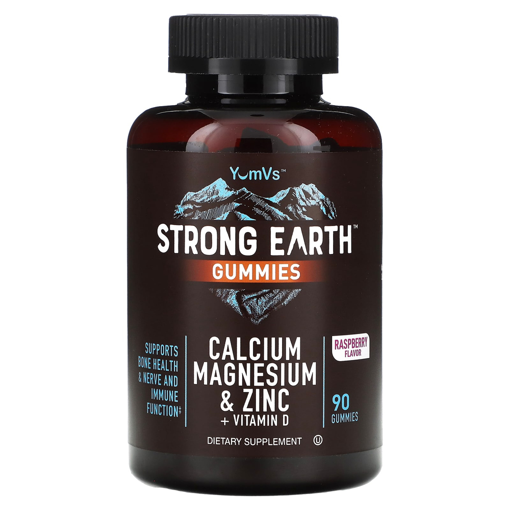 YumVs, Жевательные мармеладки Strong Earth, кальций, магний и цинк + витамин D, малина, 90 жевательных таблеток
