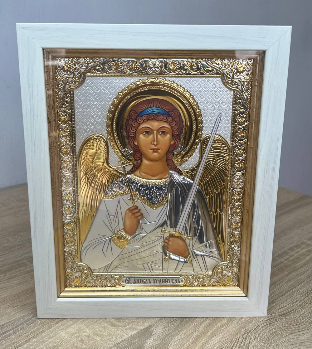 Ангел Хранитель, икона прямоугольная в рамке под стеклом, белое дерево 232х280