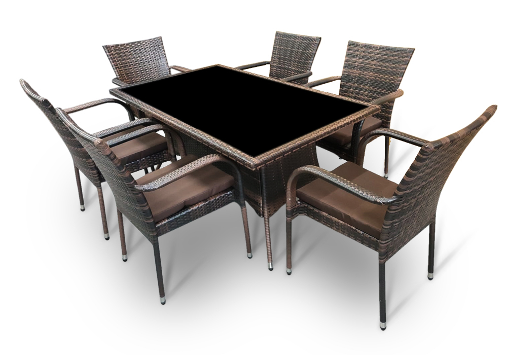 Обеденная мебель из искусственного ротанга стол Руардин + 6 кресел Милан Dark Brown