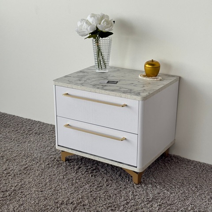 Тумба прикроватная на ножках с ящиками ROYAL 5203 эко (Мрамор Каррара-Золото-р.золото)