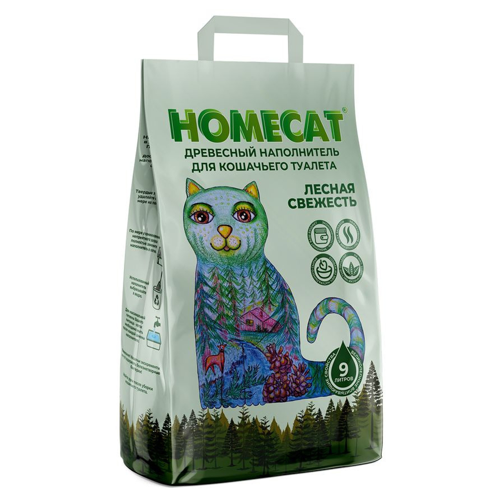 Наполнитель древесный для кошачьих туалетов мелкие гранулы HOMECAT Лесная свежесть, 9л 3кг