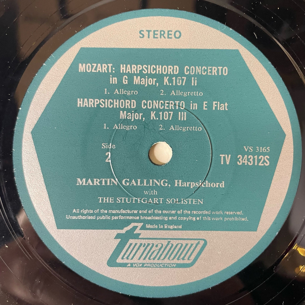 Винтажная виниловая пластинка LP Mozart Моцарт, Martin Galling, Stuttgarter Solisten, 3 Harpsichord Concerti K. 107 (Англия 1969)