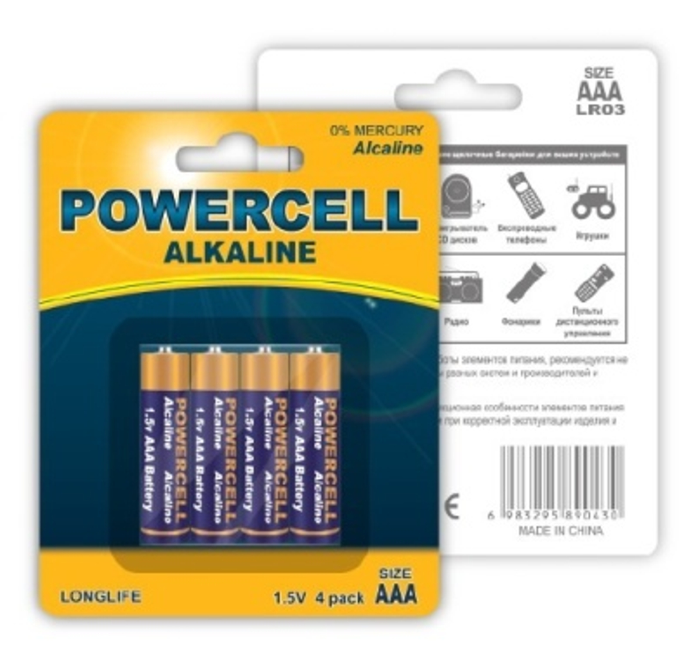 Батарейка POWERCELL щелочная тип ААА 1,5В (4шт/уп)