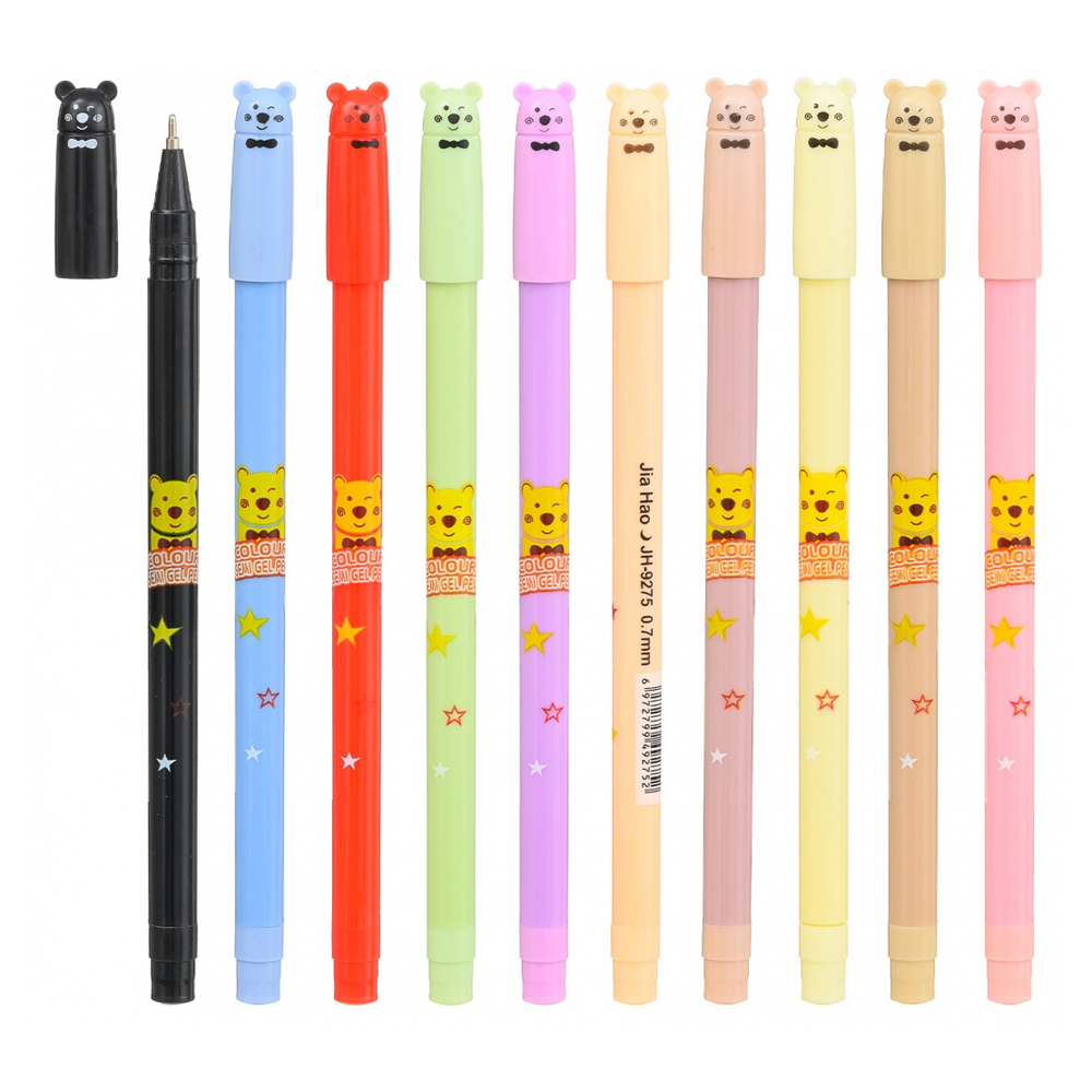 Ручка шариковая, масляная, Basir, цветные чернила, серия "Мишки", фигурный колпачок, цветной корпус в цвет чернил, 10 шт