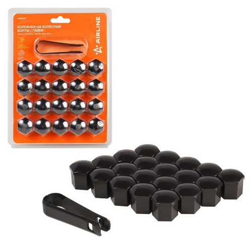 Колпачки на колесные болты/гайки 19 мм, черные глянцевые, пластик, 20 шт.+ съемник (AIRLINE)