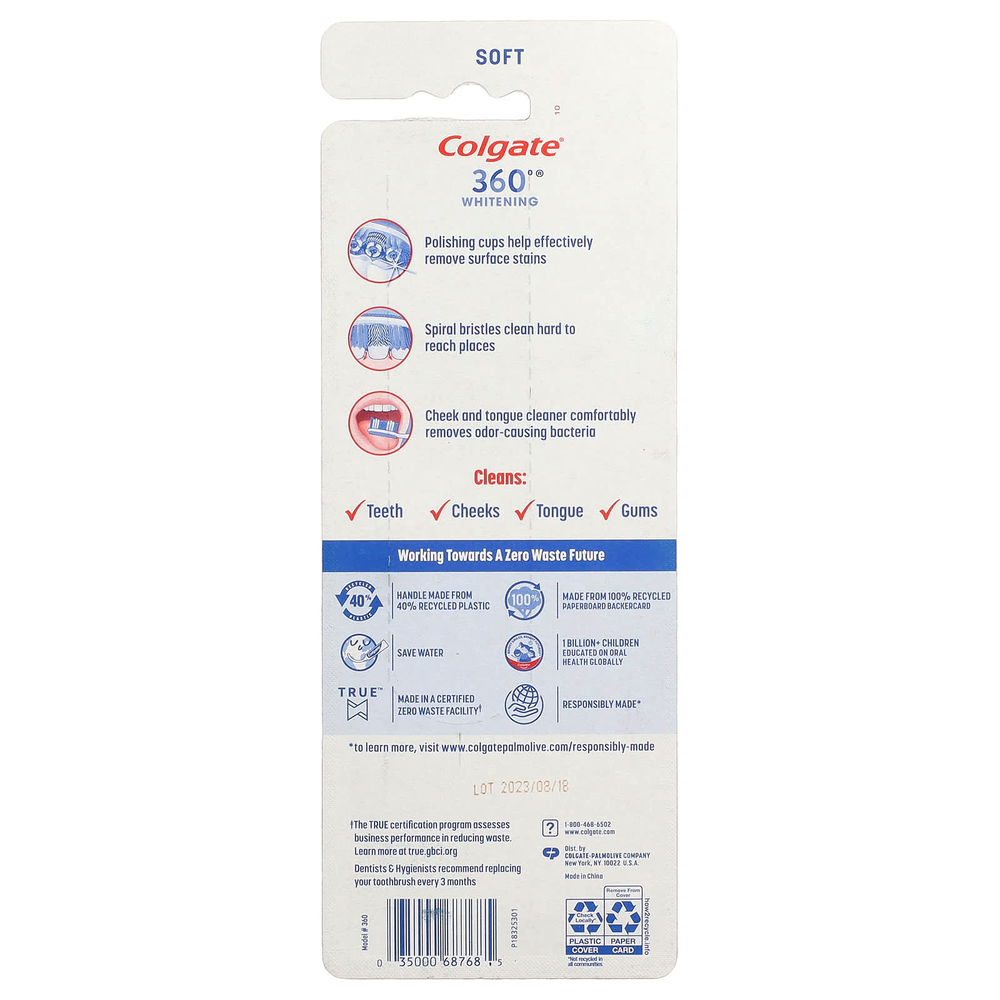 Colgate, 360 отбеливающие зубные щетки, мягкие, 4 шт.