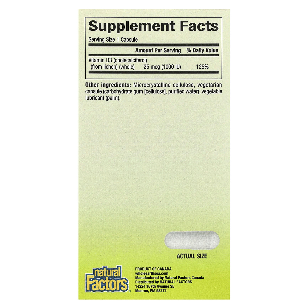 Natural Factors, Whole Earth & Sea, веганский биоулучшенный витамин D3, 25 мкг (1000 МЕ), 90 вегетарианских капсул