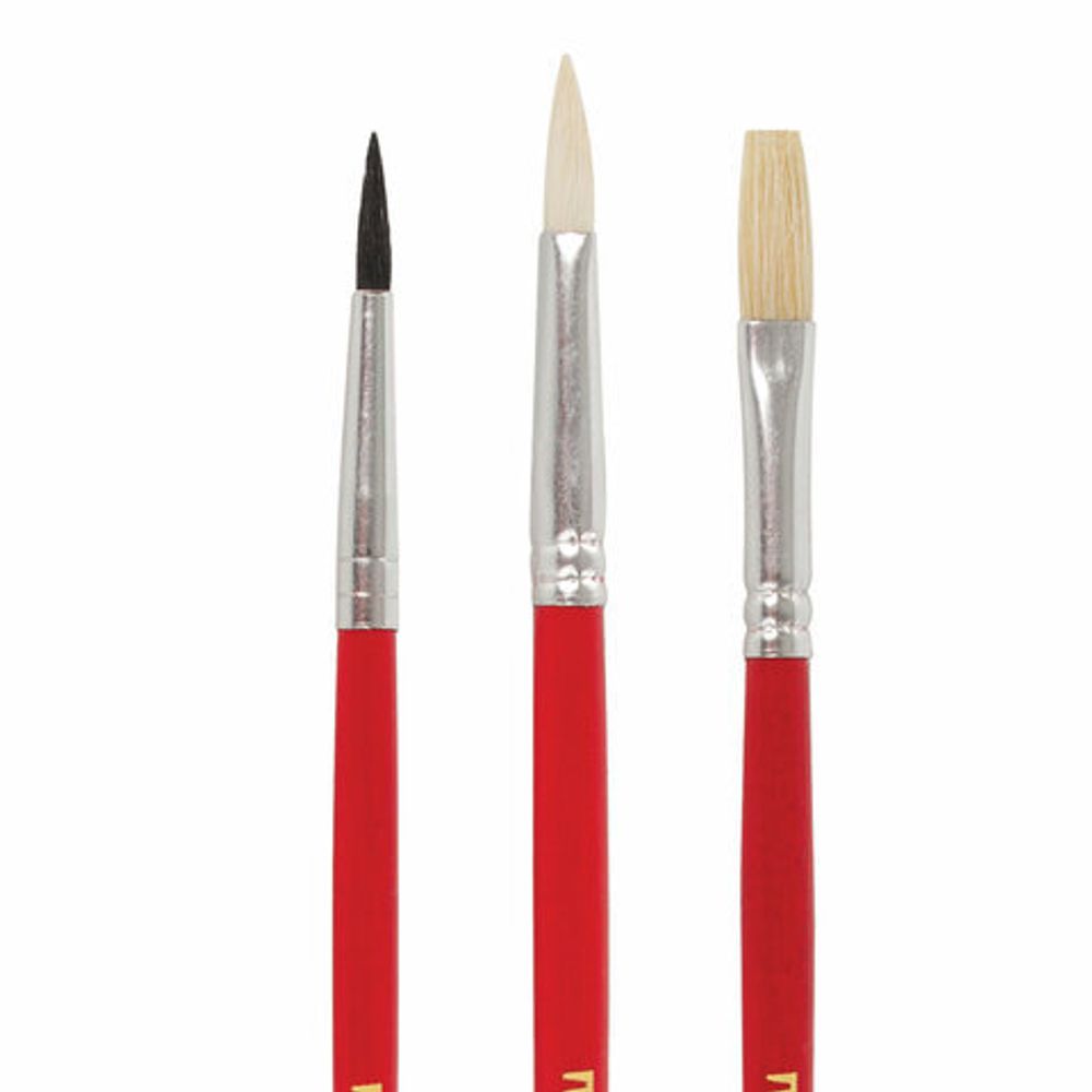 Кисти ПИФАГОР, набор 3 шт. (беличья круглая № 3, коза круглая № 4, из щетины плоская № 6), 200229