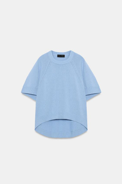 ZARA СВИТЕР С ЗАКРУГЛЕННЫМ НИЗОМ И КОРОТКИМИ РУКАВАМИ, НЕБЕСНО-ГОЛУБОЙ