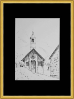 Картина, графика в паспарту 21х30 см на стену для интерьера "Часовня Сен-Жан-Батист-де-ла-Бомет-де-Пеон"