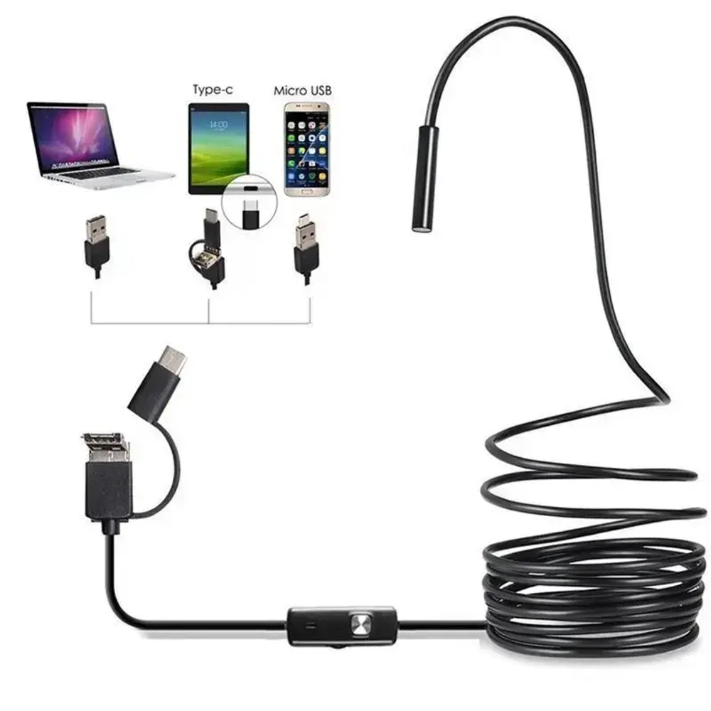 Видеоэндоскоп ATR для смартфона и ПК. USB / Micro USB / Type-C, 10 метров, Водонепроницаемый (мягкий кабель)