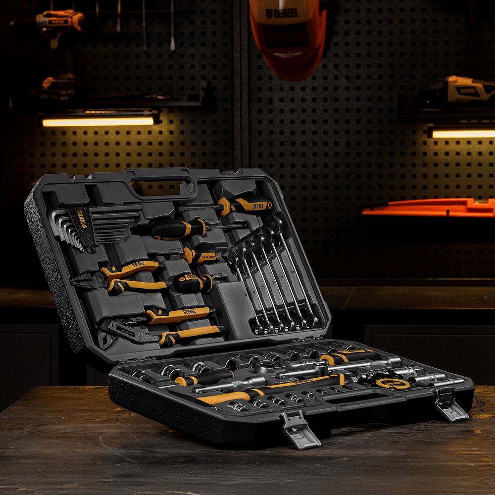 Набор инструментов, 1/2", 1/4", CrV, S2, пластиковый кейс, 64 предмета Denzel