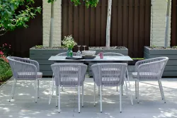 "Марсель" стул плетеный из роупа, каркас алюминий белый шагрень, роуп светло-серый круглый, ткань светло-серая