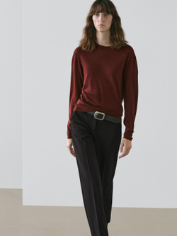 Massimo Dutti Свитер из тонкого трикотажа с круглым вырезом, гранатовый