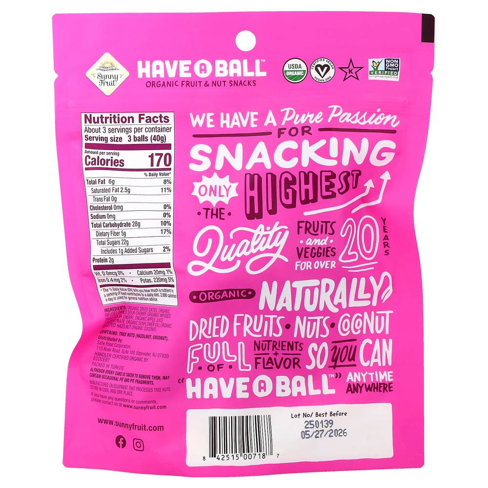 Sunny Fruit, Есть A Ball™, органические снеки с фруктами и орехами, вишня и фундук, 126 г (4,4 унции)